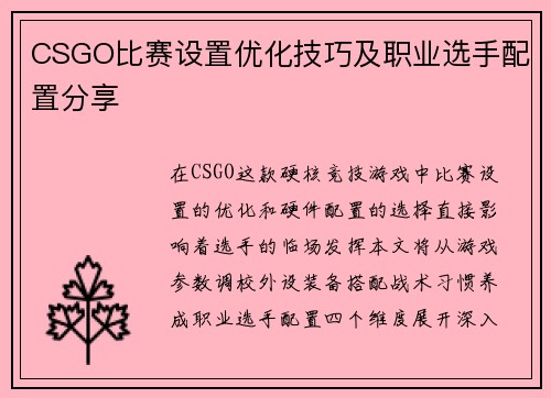CSGO比赛设置优化技巧及职业选手配置分享